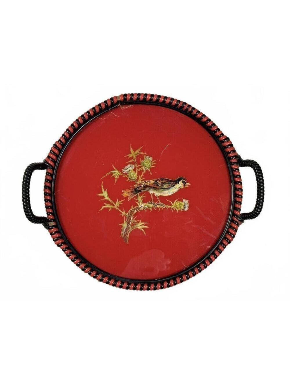 Vintage German US Zone Red Black Celluloid Goldfinch Bird Tray Bobbin Handle - Picture 5 of 13